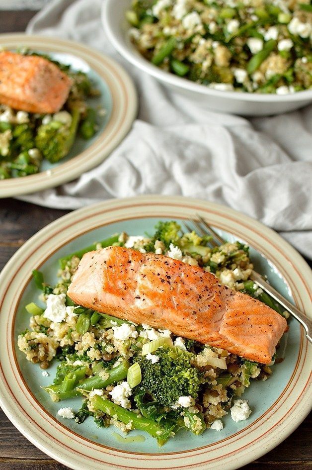 Warm quinoa, green lentil, kale, broccoli and feta salad with salmon – an extremely high protein, nutritious and delicious meal