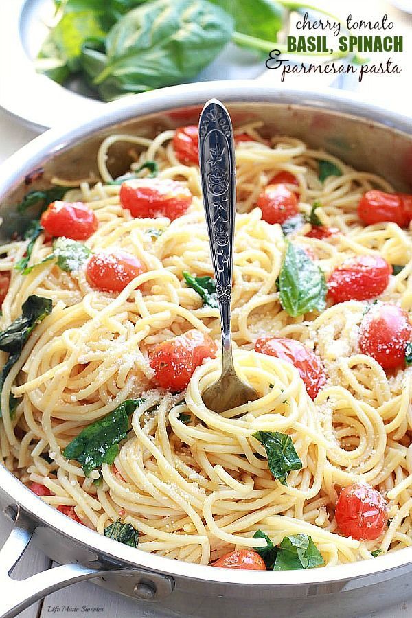 An easy meatless weeknight meal that comes together in as little as 20 minutes with fresh basil, cherry tomatoes, baby spinach,