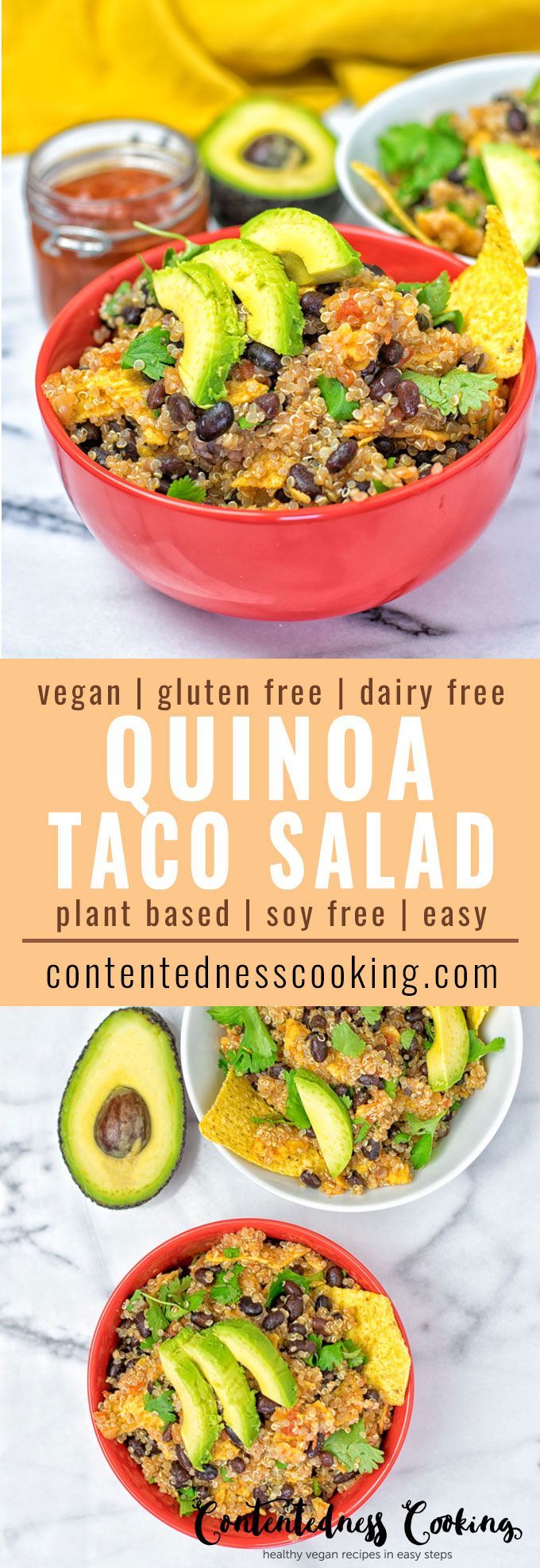 Enjoy this vegan Quinoa Taco Salad made with just 5 ingredients in 2 easy steps. A plant-based, gluten free, Mexican delight with