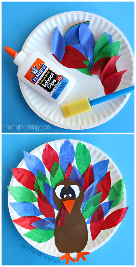 Paper Plate Turkey Craft using Tissue Paper – Easy Thanksgiving craft for kids to make | CraftyMorning.com