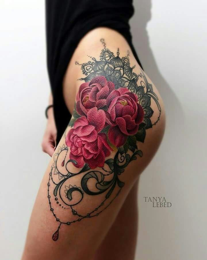 Roses and lace hip tatt -   21 lace thigh tattoo
 ideas