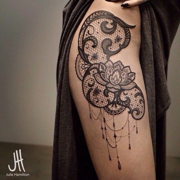 30+ Lace Tattoo Designs for Women -   21 lace thigh tattoo
 ideas