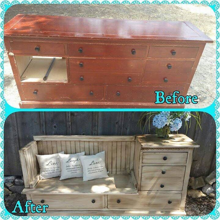 Saw this on a friends page on Facebook. Great way to repurpose an old dresser. Although I would add a foam cushion to the bench part instead of just pillows. -   23 cute dresser decor
 ideas