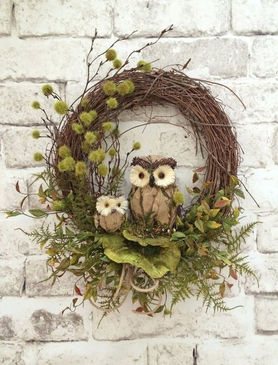 Fall Owl Wreath, Fall Wreath for Door, Fall Door Wreath, Fall Decor, Front Door Wreath, Grapevine Wreath, Silk Wreath, Outdoor Wreath, Burlap, Autumn Wreath, Etsy Wreath, by Adorabella Wreaths! This charming owl wreath was handmade using a grapevine wreath base adorned with two adorable moss, burlap and twig owls, amazing green dried sponge mushrooms, lots of gorgeous mossy greenery, and a natural rope bow. This wreath has a very natural, organic look and feel to it that you will love!: -   23 owl crafts outdoor
 ideas
