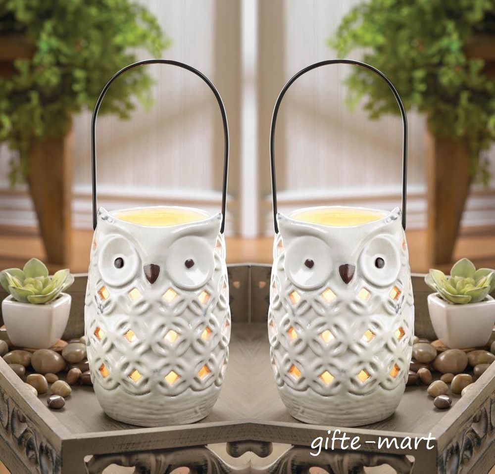 2 punched ceramic WHITE OWL candle holder statue outdoor Lantern light luminary -   23 owl crafts outdoor
 ideas