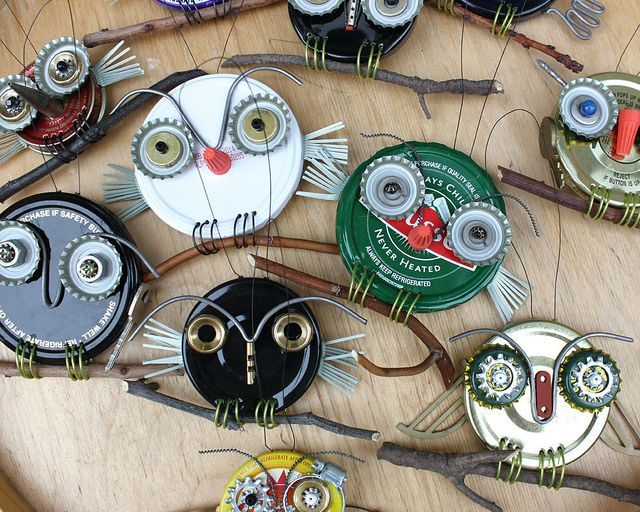upcycled owls, kid-made -   23 owl crafts outdoor
 ideas