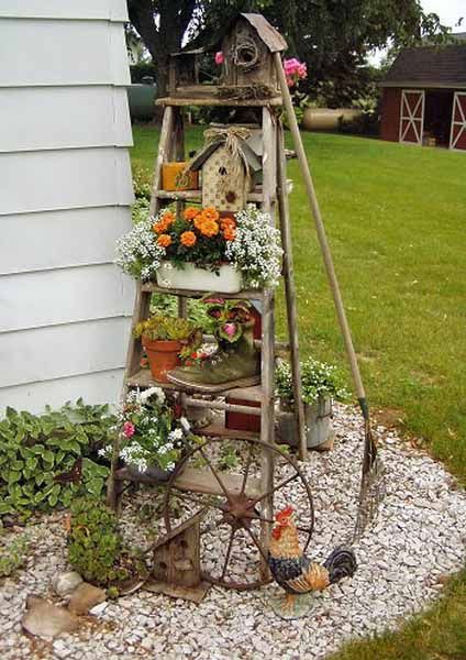 Decorate Old Windows Primitive Style | Outdoor Garden Decorations Made of Old Wooden Ladders -   23 wooden garden decoration ideas