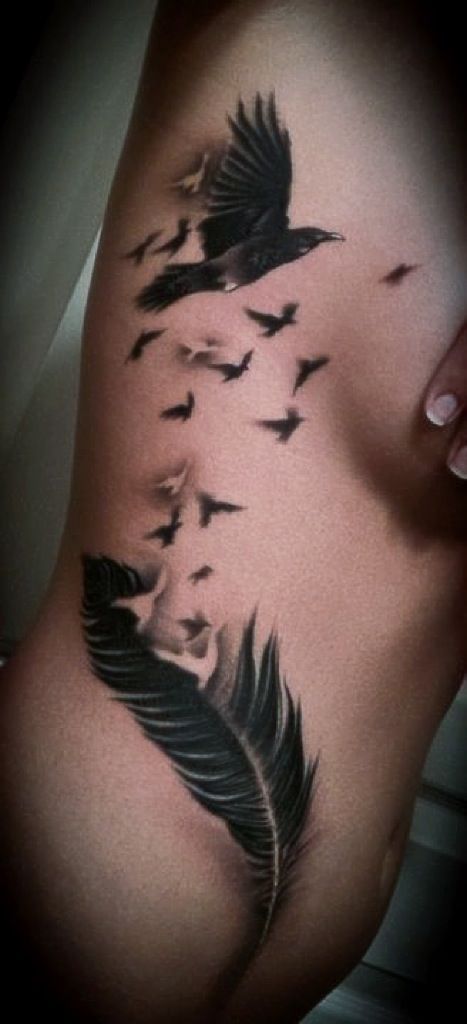 My flight to freedom and individuality tattoo on my side. Bird, feather, crow, side tattoo -   24 black feather tattoo
 ideas