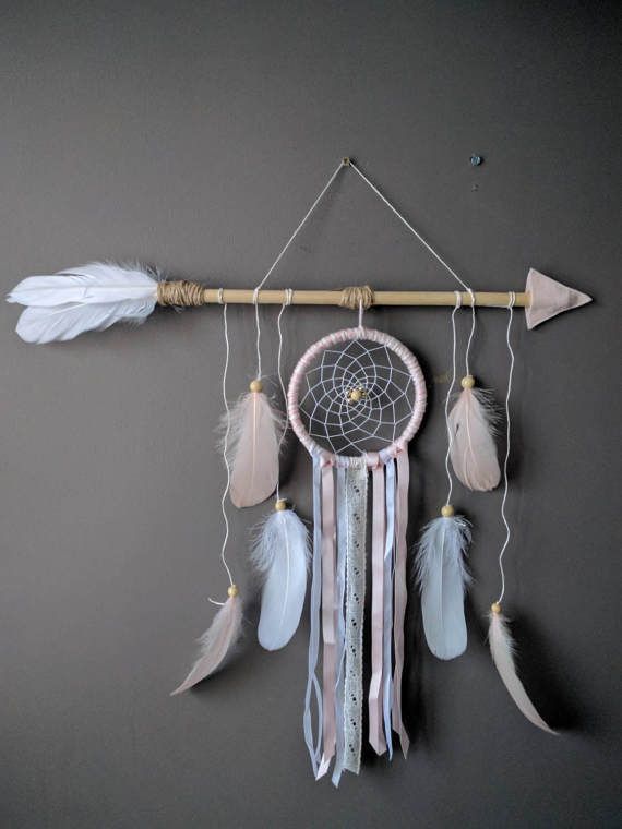 Pink arrow nursery dream catcher/ large baby mobile/ Large arrow wall hanging/ Shabby chich dreamcatcher/ Baby shower gift -   24 dream catcher room
 ideas