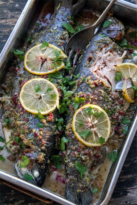 Whole Baked Trout With Herb Salsa & Lemon -   24 fish recipes trout
 ideas