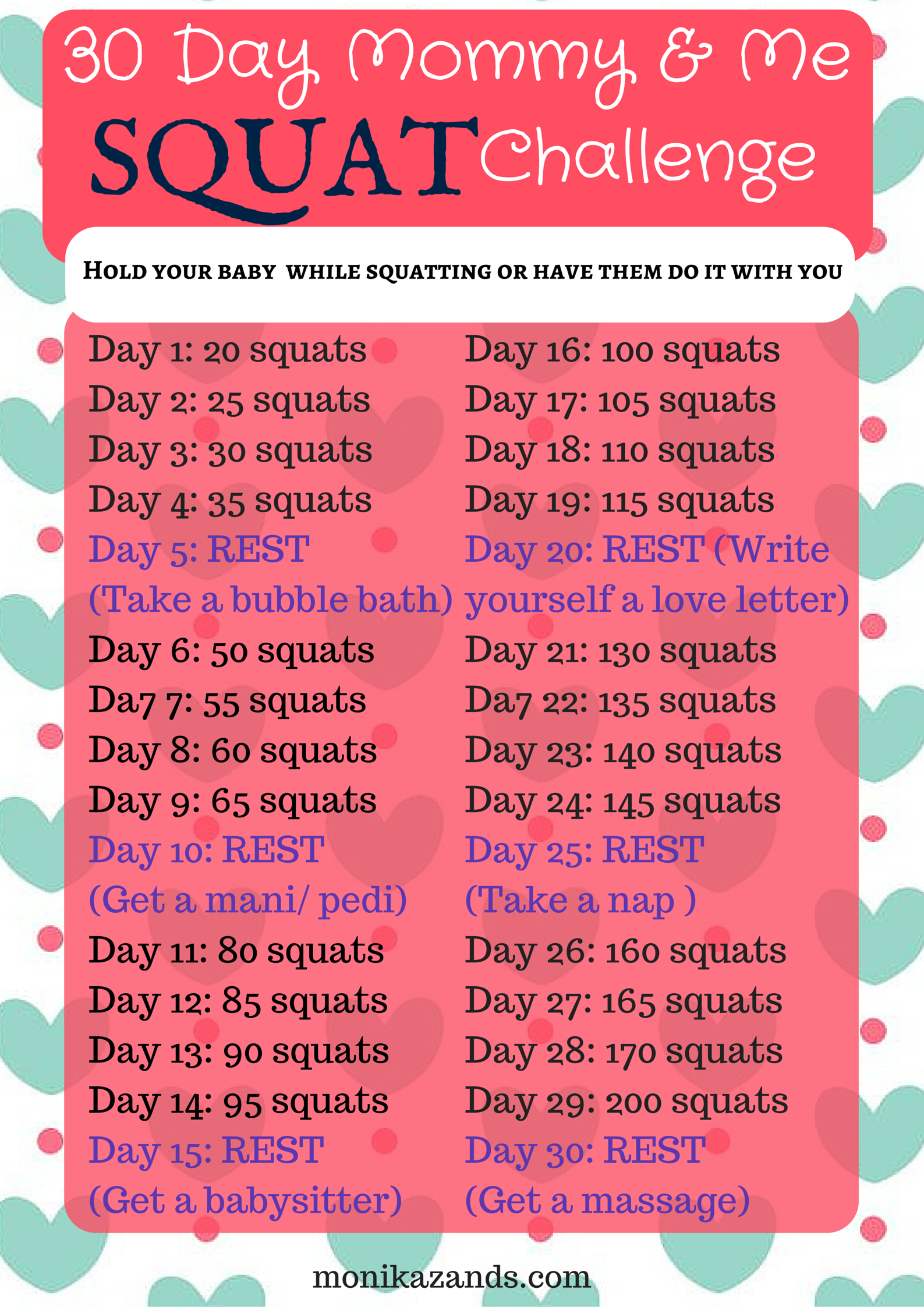 Take on the 30 Day Mommy and Me SQUAT Challenge! Hold your babies or have your kids do them with you -   24 fitness challenge for kids
 ideas