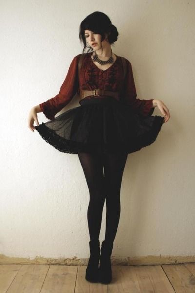 black sheer skirt, black tights/shoes, dark burgundy top -   25 dark romantic style
 ideas