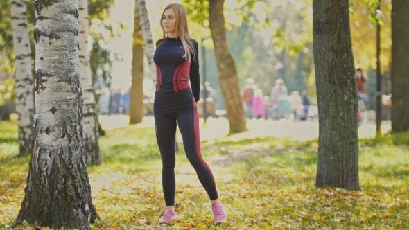 Sexy Attractive Female Blonde Bikini-fitness Model Stretching In The Autumn Park On Ground Covered -   18 blonde fitness model
 ideas