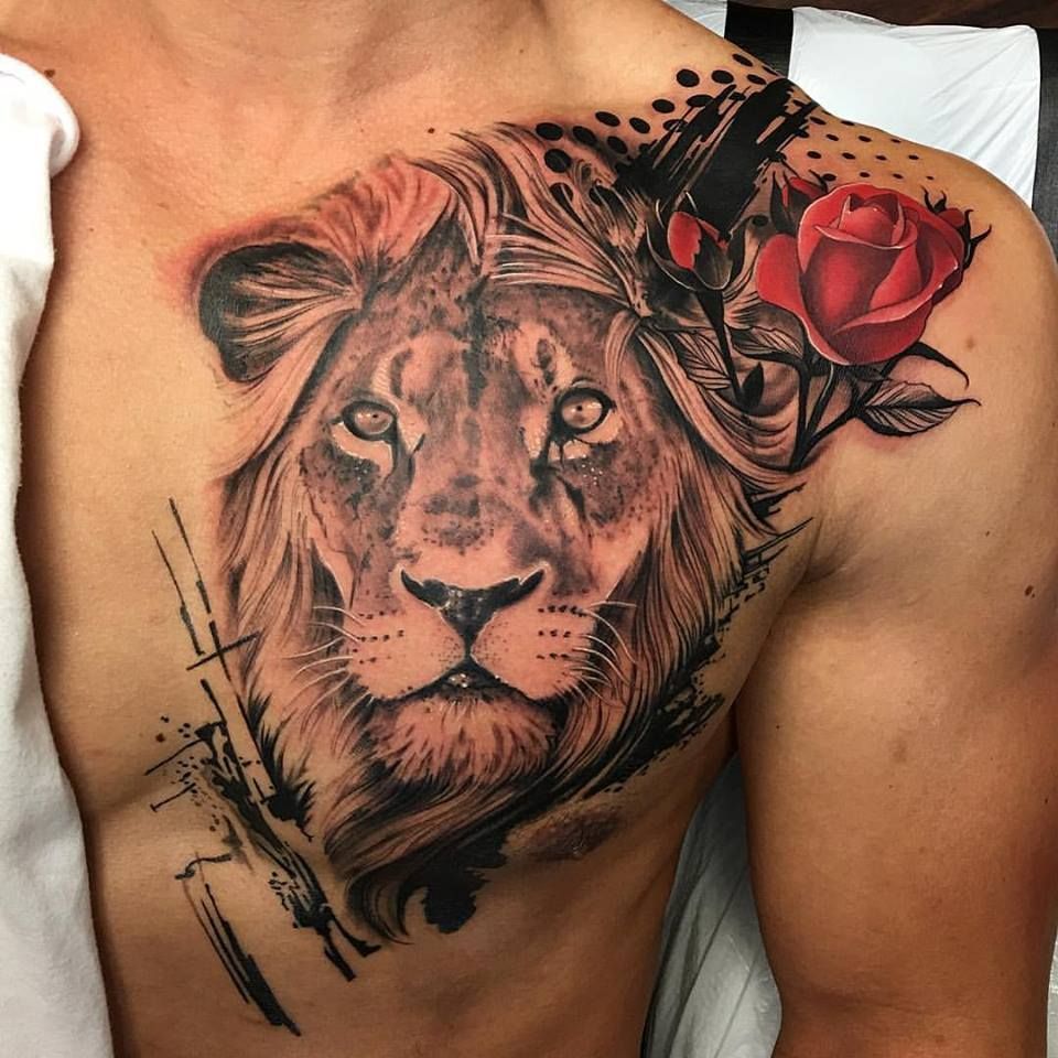 Trash Polka Lion and Rose Tattoo by David Mushaney -   19 realistic lion tattoo
 ideas