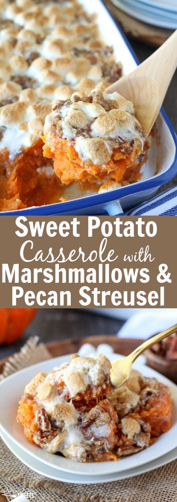 Sweet Potato Casserole with Marshmallows and Streusel - Mashed sweet potato casserole topped with toasted marshmallows and a brown sugar cinnamon pecan streusel. The perfect side dish for Thanksgiving or any other holiday celebration. -   20 thanksgiving recipes mashed
 ideas