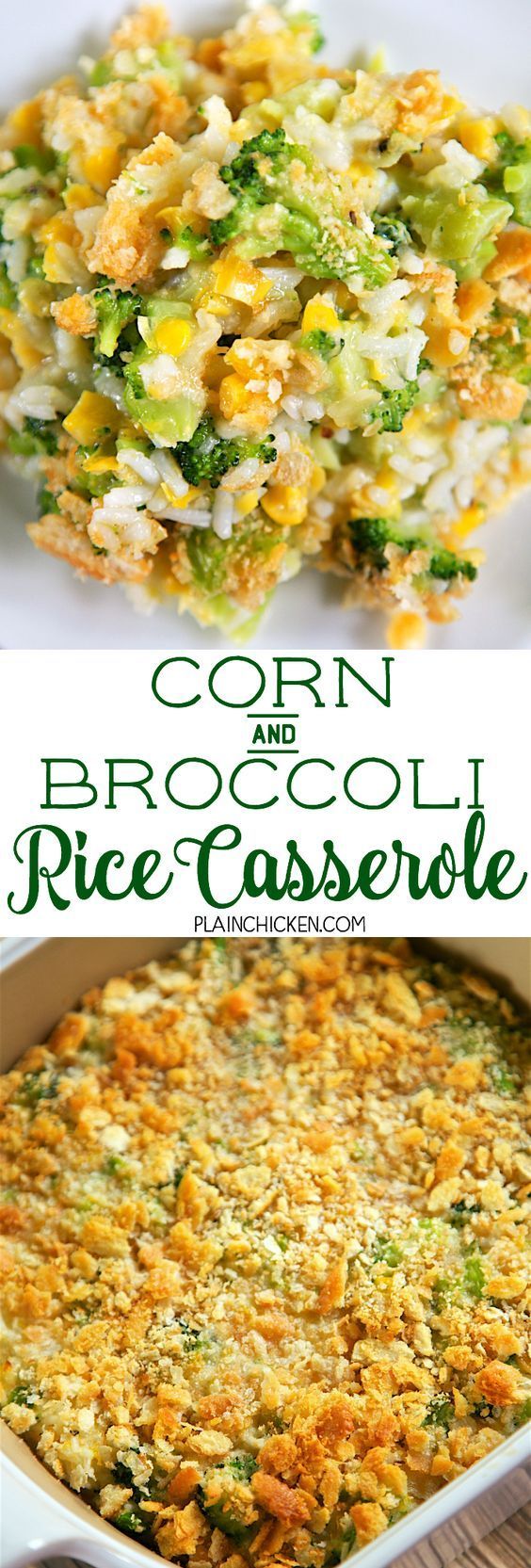 Corn and Broccoli Rice Casserole - so simple and SO delicious! Everyone cleaned their plates - even our picky broccoli haters! Cooked rice, creamed corn, broccoli, onion and garlic topped with butter and crushed Ritz crackers. You might want to double the recipe for this quick side dish - this didn't last long in our house! -   20 vegetable recipes quick
 ideas