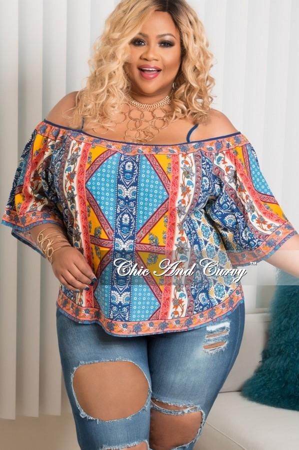 Final Sale Plus Size Spaghetti Strap Off the Shoulder Top In Orange and Blue -   21 summer style curvy
 ideas
