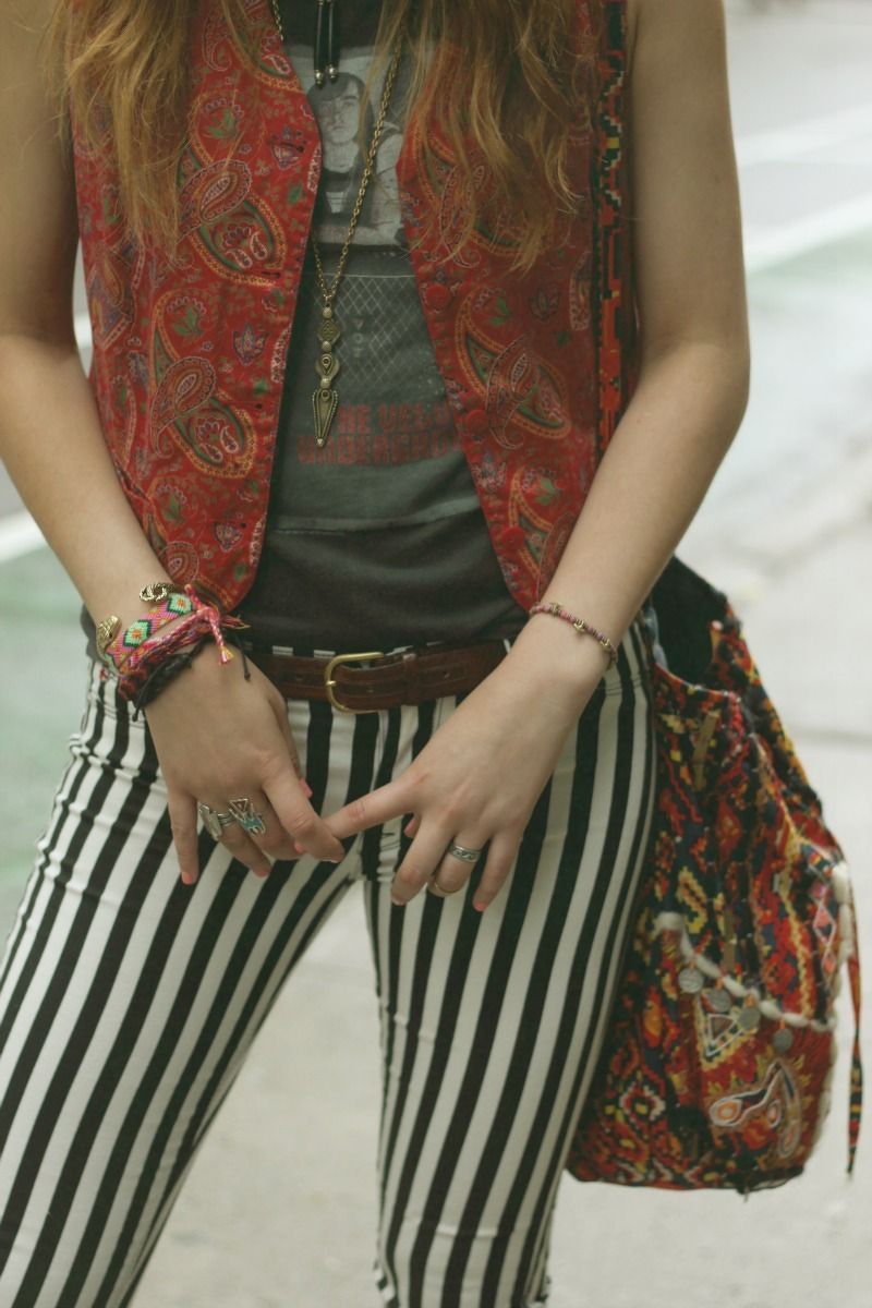 Bohemian threads for fall - paisley vest, rock tee, striped skinnies and boho jewellery.- boho - в?®kв?® -   22 boho style grunge
 ideas