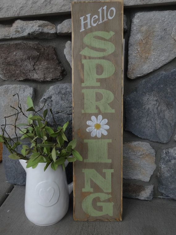 Hello Spring sign. 10x40 Hand painted wood sign/Vertical sign/ Easter decor/ Front door sign/ Outside spring sign/ Outdoor Easter sign -   23 wooden spring crafts
 ideas