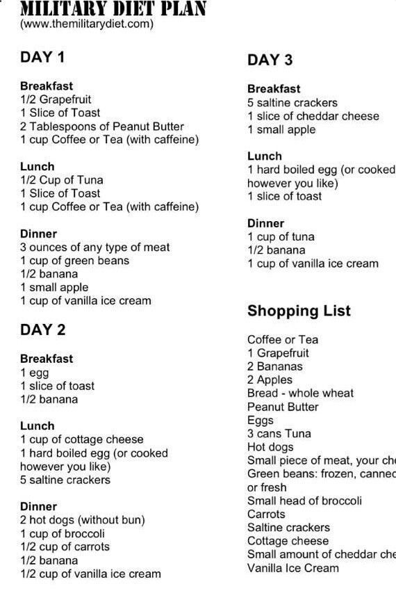 3 Day Military Diet Plan - Menu Grocery List Check out the website for more. -   24 3 day list
 ideas