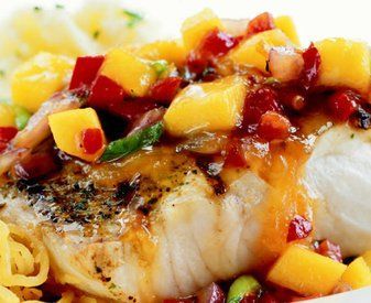 Bonefish Grill's Mango Salsa    Ingredients:    1 1/2 cups mango (ripened)  1 1/2 cups Italian plum tomatoes  1/4 cup Craisins  1/2 cup green onions (white & green - ? inch dice)  2 cloves garlic, minced  1 ea. jalapenos, thinly sliced – seeds removed  1/4 cup fresh lime juice  2 tbsp. honey  1/2 cup fresh cilantro, chopped  salt and pepper, to taste  1/2 tsp Cholula hot sauce  2 tsp. chili powder -   24 grouper fish recipes
 ideas