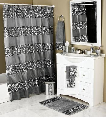 Sinatra Silver Bling Shower Curtain features bands of brilliant sequins on a silver metallic fabric!   Coordinating accessories complete the look for much less than you would think! -   24 silver bathroom decor
 ideas