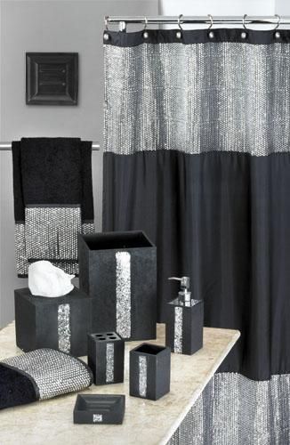 Vegas style bathroom? Caprice Black Shower Curtain w/ Sequins wooohoo -   24 silver bathroom decor
 ideas