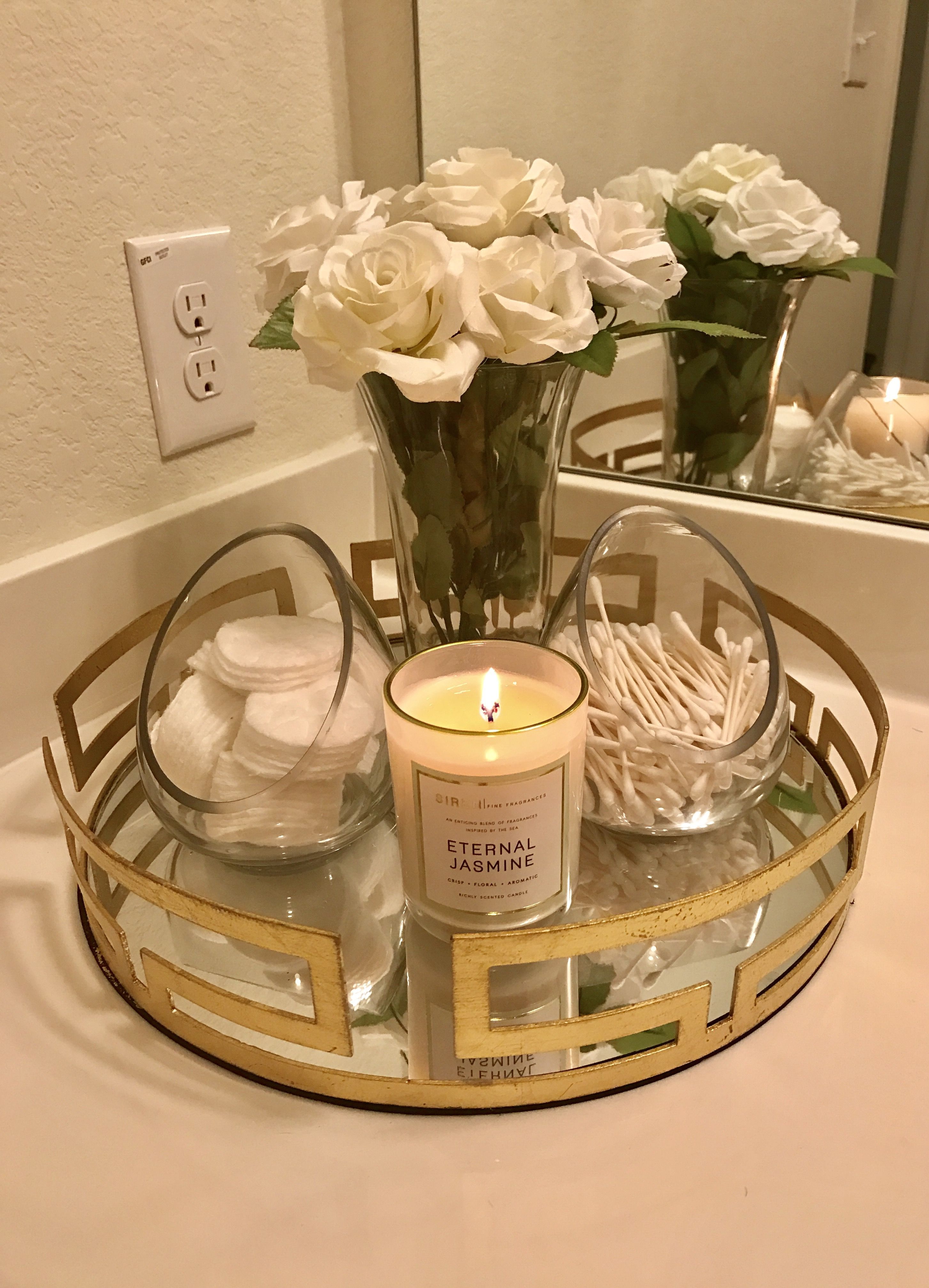 IM OBSSED with the bathroom piece I put together.  -Gold Tray: kirklands -Glass containers: TJ Max -Candle: target -   24 silver bathroom decor
 ideas