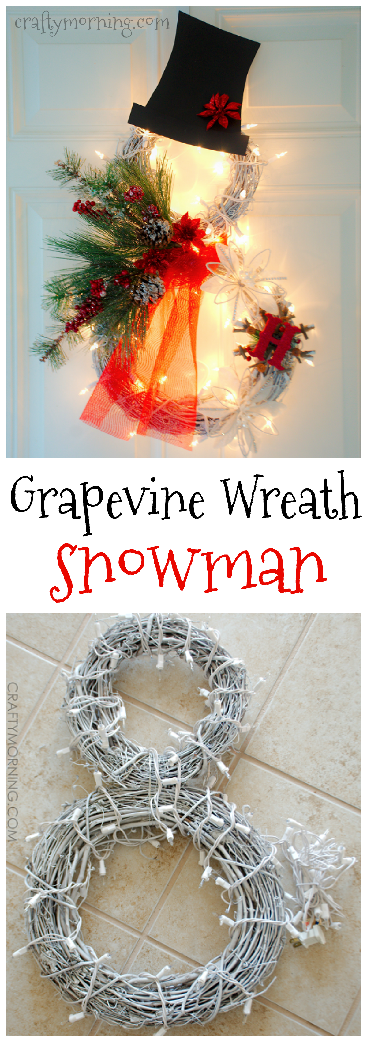 Lighted snowman wreath using grapevine wreaths! Cute Christmas/winter craft to hang up. -   24 winter decor lights
 ideas