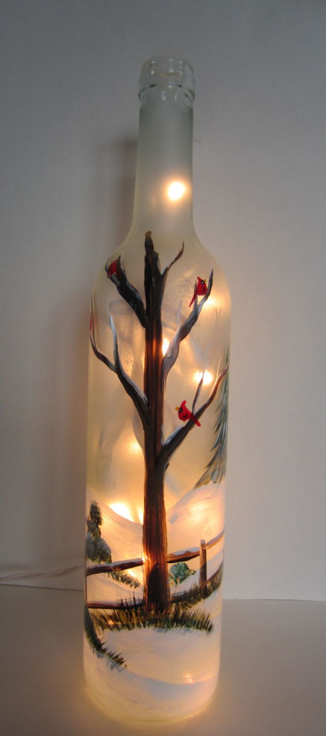 Winter Tree with Cardinals Lighted Wine Bottle -   24 winter decor lights
 ideas
