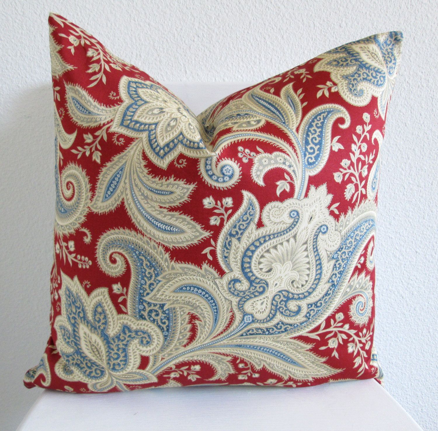 Family Room Decorative pillow - Throw pillow - Accent pillow - 16x16 - paisley red ivory and blue - pillow cover - designer fabric. $15.00, via Etsy. -   25 decor pillows red
 ideas