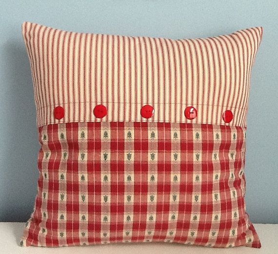 Country Cottage pillow cover. Red plaid. Red Ticking. Farmhouse decor. Christmas pillow. Holiday pillow. Cotton homespun. 18