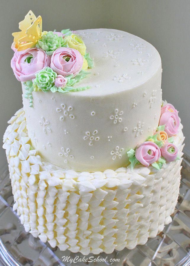 Beautiful Buttercream Eyelet Cake Tutorial by MyCakeSchool.com. Also featuring buttercream leaves and flowers! My Cake School Online cake tutorials, recipes, videos, and more! #cakedecoratingtips -   22 cake decor buttercream
 ideas