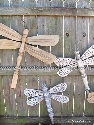 Repurposed Table Leg & Ceiling Fan Dragonflies....great backyard or garden fence decor.                                                                                                                                                      More -   22 garden decor fence
 ideas