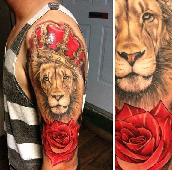 Realism style colored shoulder tattoo of lion with crown and rose -   22 lion tattoo crown
 ideas