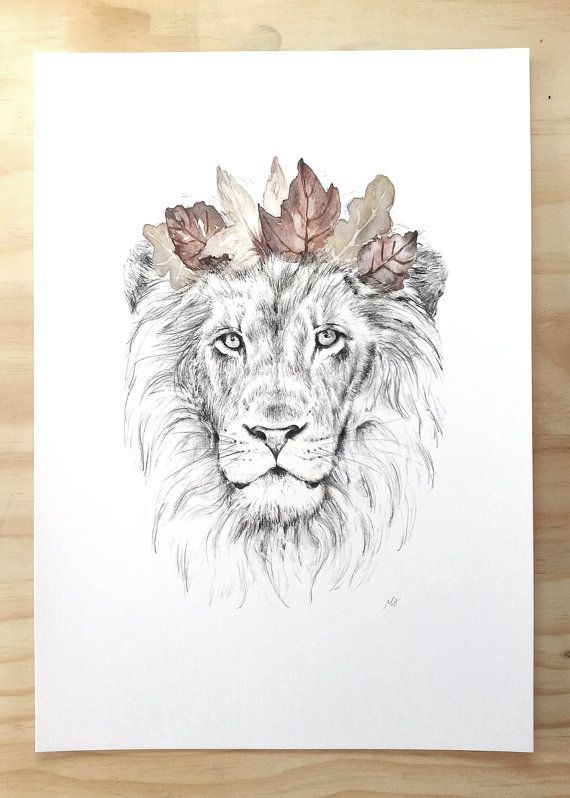 Lion art print - Animal art print of lion and crown  Contemporary art print by Millie featuring a pencil and watercolor drawing of the proud -   22 lion tattoo crown
 ideas