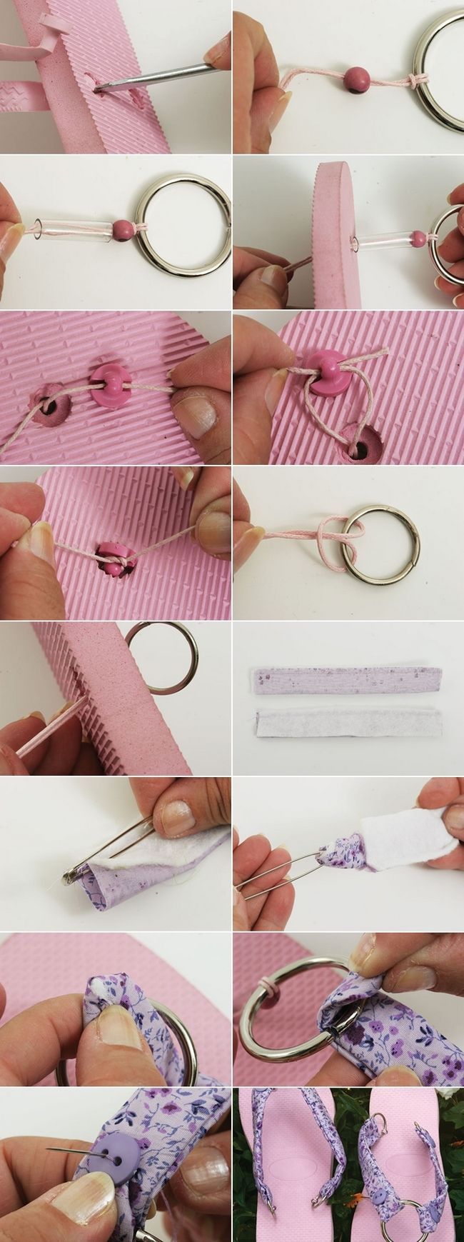 flip flop project pink sandals purple fabric metall ring -   23 diy summer sandals
 ideas