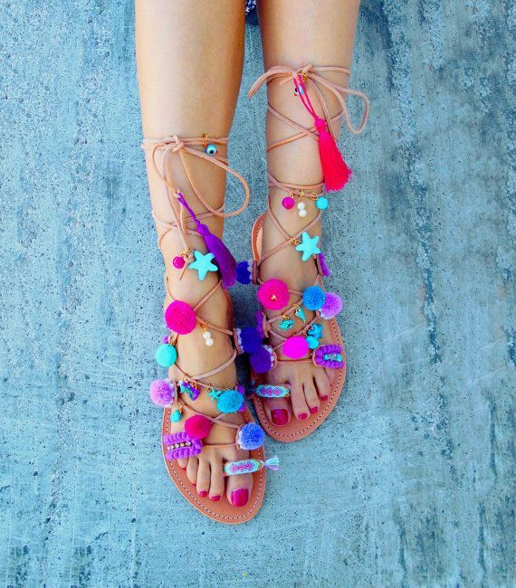 Tie Up Gladiator Sandals 'Blueberry Daiquiri', Pom Pom Sandals, Summer sandals -   23 diy summer sandals
 ideas