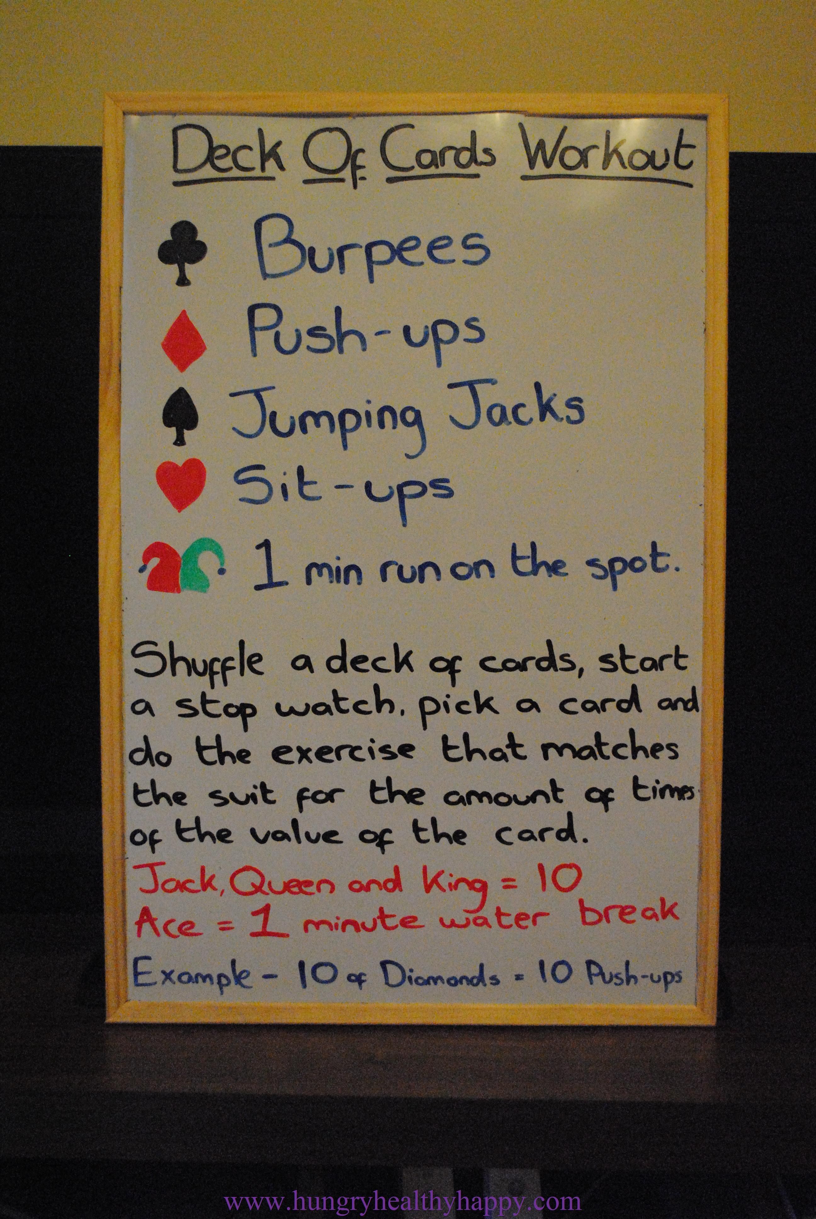 Deck of cards workout. LOVE doing this. Take a deck of cards and designate exercises to the suite depending on your fitness level. Pull a card and do that many reps as on the car. For jacks, queens, kings and aces...toss in some cardio! from jumping jacks, to the treadmill, elliptical, rowing machine, or jump rope. -   23 fitness design exercise
 ideas