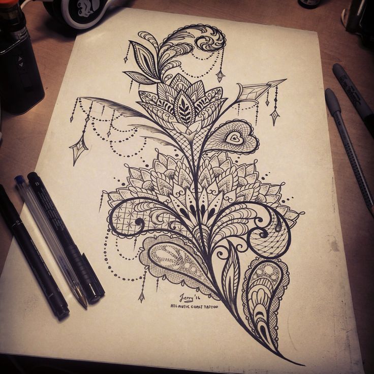 feminine mandala lace tattoo design idea, thigh tattoo. pretty patterns with mendi lotus flower by Dzeraldas Jerry Kudrevicius, Atlantic coast tattoo in Newquay Cornwall #ad -   23 lace lotus tattoo
 ideas