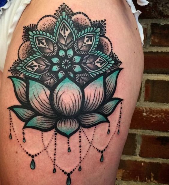 Blue and Black Lotus Sleeve Tattoo Design. -   23 lace lotus tattoo
 ideas