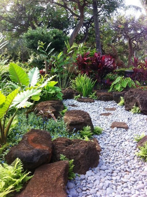 Great dry bed! The key here is the contrast in rock color and size. Choosing a bluish-white small stone gives the impression of a fast flowing, white water creek. Well done! -   23 tropical rock garden
 ideas