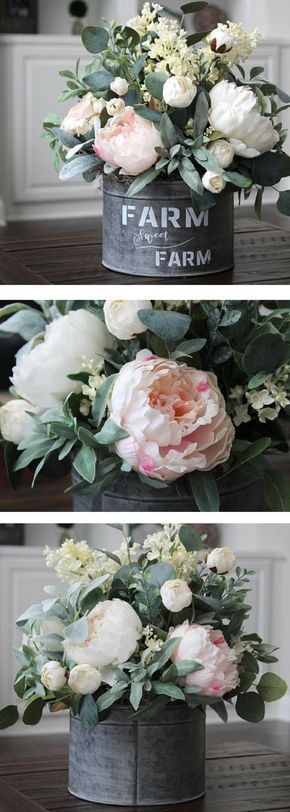 Farmhouse D?cor ~Cottage D?cor ~Spring Centerpiece ~Real Touch Pink/White Peonies in a Galvanized Farmhouse Pail - Farmhouse style, fixer upper style, rustic, vintage, coffee table d?cor, mantle d?cor, Joanna gaines #ad -   24 fixer upper mantle decor
 ideas