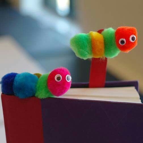 Bookworm bookmarks... looks easy to make, just pompoms, some larger size popsicle sticks and googly eyes -   24 popsicle stick bookmarks
 ideas