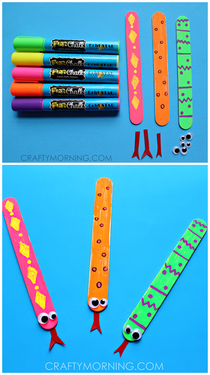 Easy craft stick snakes for the kids to make! Cute craft to make using fun chalk markers. -   24 popsicle stick bookmarks
 ideas