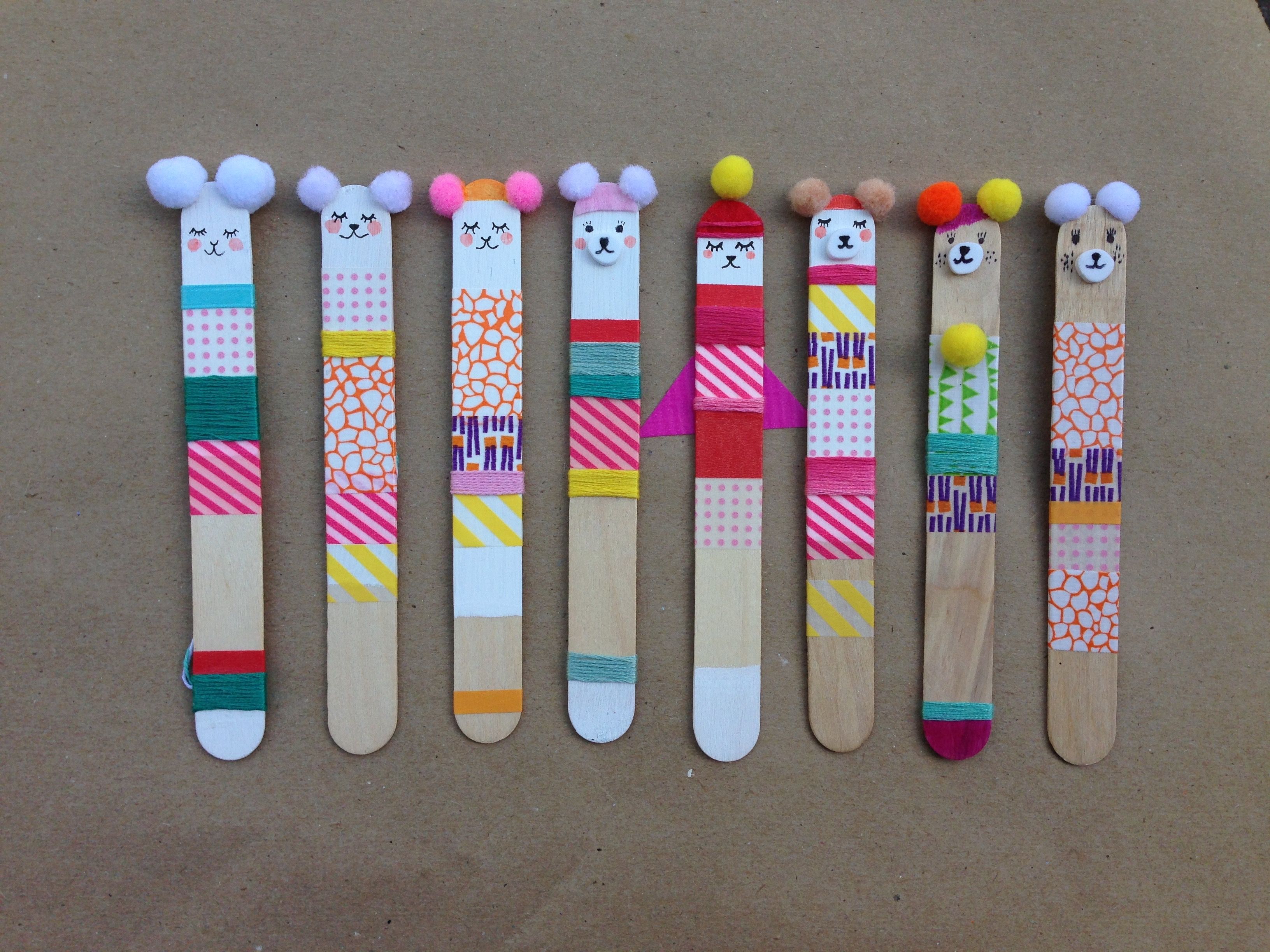 i made these with popsicle sticks, wash tape & pom-poms. we use them as bookmarks and christmas ornaments. -   24 popsicle stick bookmarks
 ideas