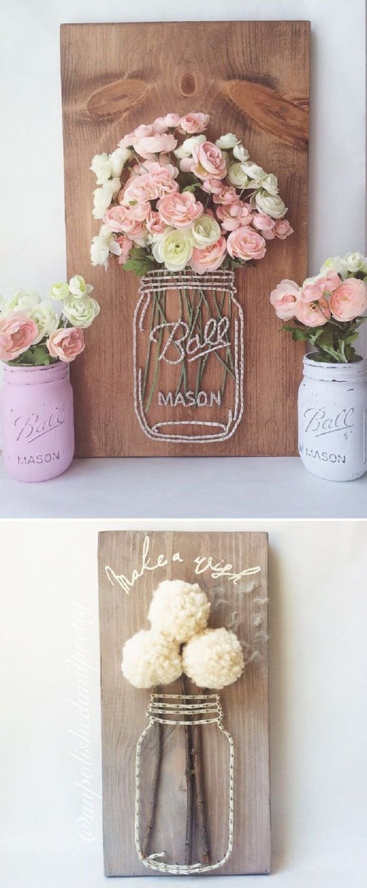 Craft a Mason Jar String Art with Wood, Yarn and Faux Flowers - 16 Picture Perfect Spring Decorations to Celebrate the Blissful Season -   24 spring decor wood
 ideas