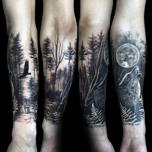 100 Forest Tattoo Designs For Men - Masculine Tree Ink Ideas -   24 tattoo arm wolf
 ideas