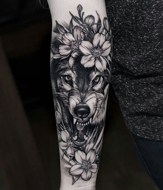 wolf tattoo , flower tattoo , arm tattoo -   24 tattoo arm wolf
 ideas