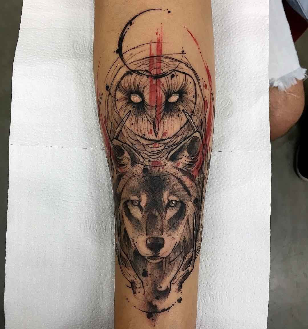 Owl and Wolf Tattoo on Arm -   24 tattoo arm wolf
 ideas